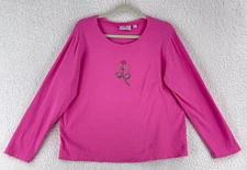 Quacker Factory Top Womens Large Pink Rose Bedazzled Long Sleeve Crew Neck Knit