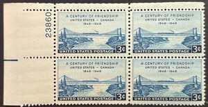 U.S. Scott #961, Plate Block of 4, 100 Years USA-Canada Friendship, F-VF,  MNH