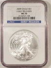 2008 $1 AMERICAN SILVER EAGLE, 1 OZ .999 - NGC MS-70, EARLY RELEASES!