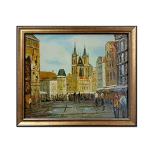 Framed Art Hand Painted Oil painting Original knife Prague Street Wall Art Decor