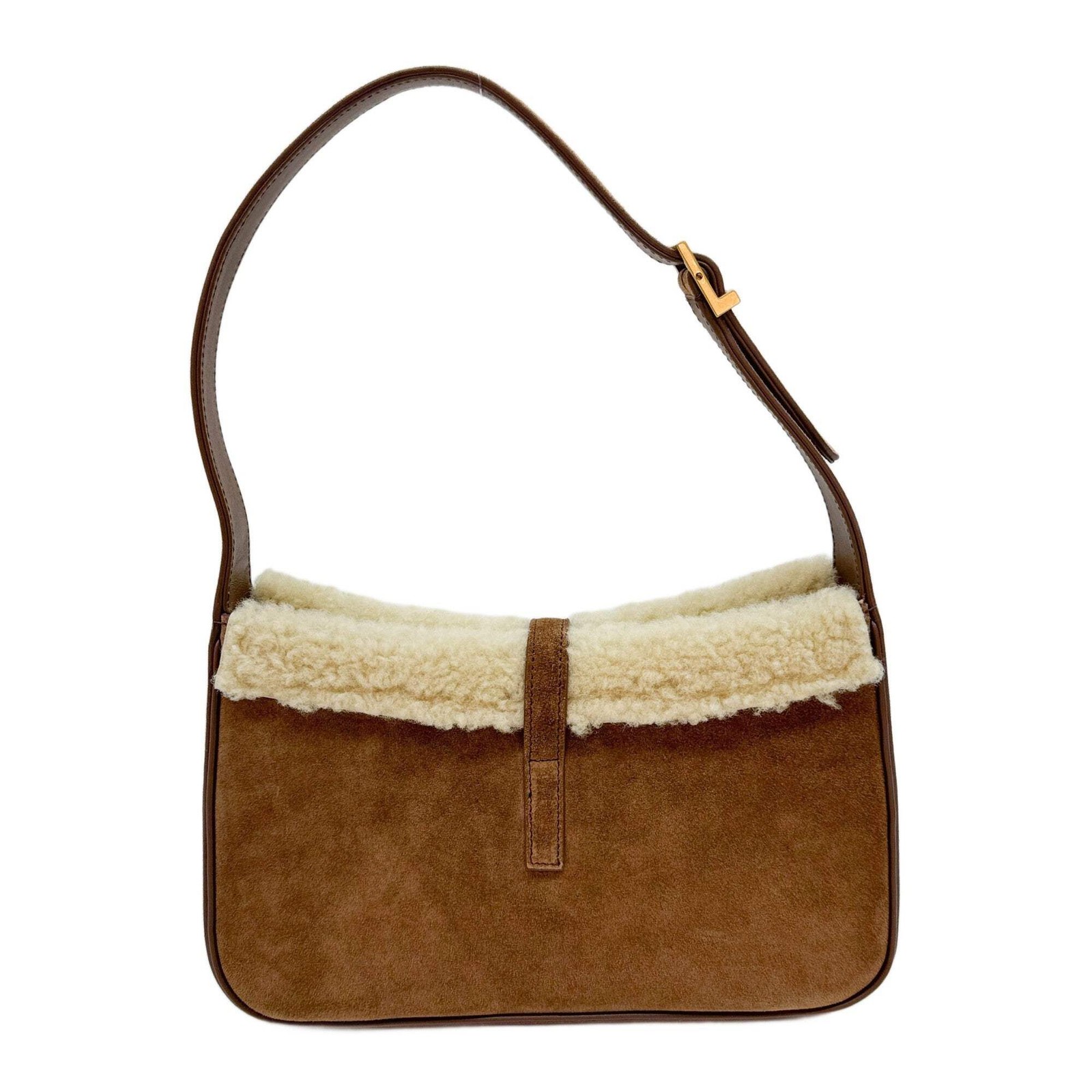 SAINT LAURENT Fur Trim Brown Suede Shoulder Bag thumbnail 2