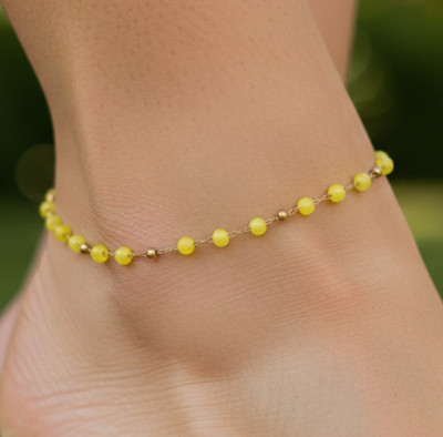 Charming 18K Gold Plated Yellow Beaded Anklet Minimalist Brass Boho Foot Chain