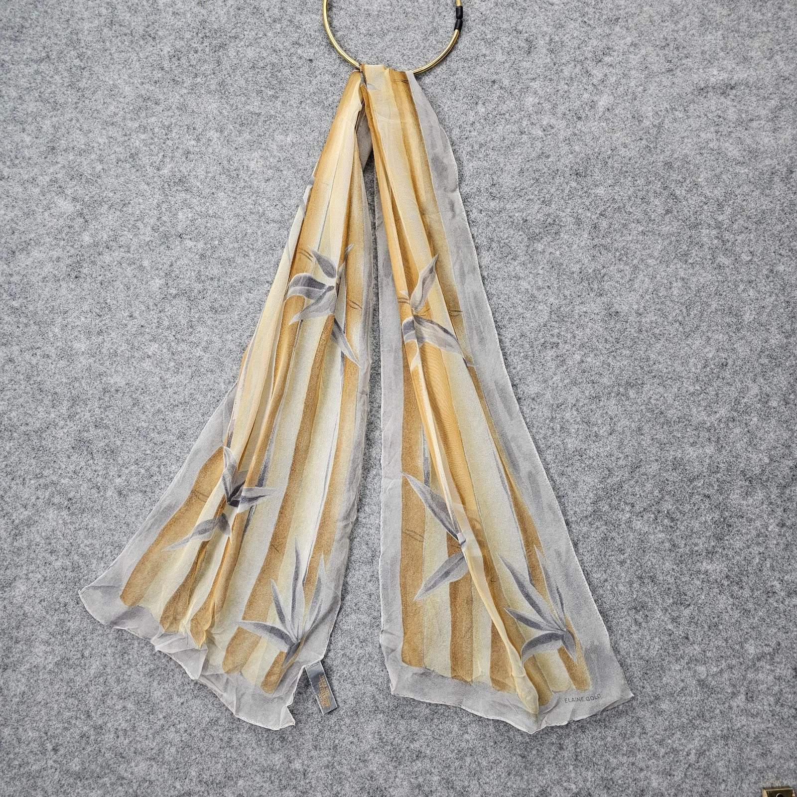 Vintage Silk Neck Scarf Women Gold Bamboo 80s Boho Sheer ELAINE GOLD XIIX 9.5x52