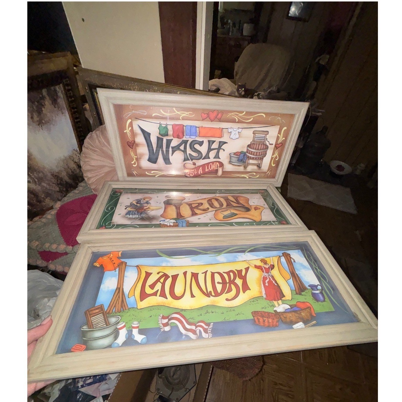 Vintage Style Laundry Room Wall Art Set 3 Framed Prints & 3D Wash Tub Clock