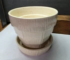 VINTAGE MCCOY ART POTTERY BASKETWEAVE LARGE WHITE PLANTER WITH SAUCER