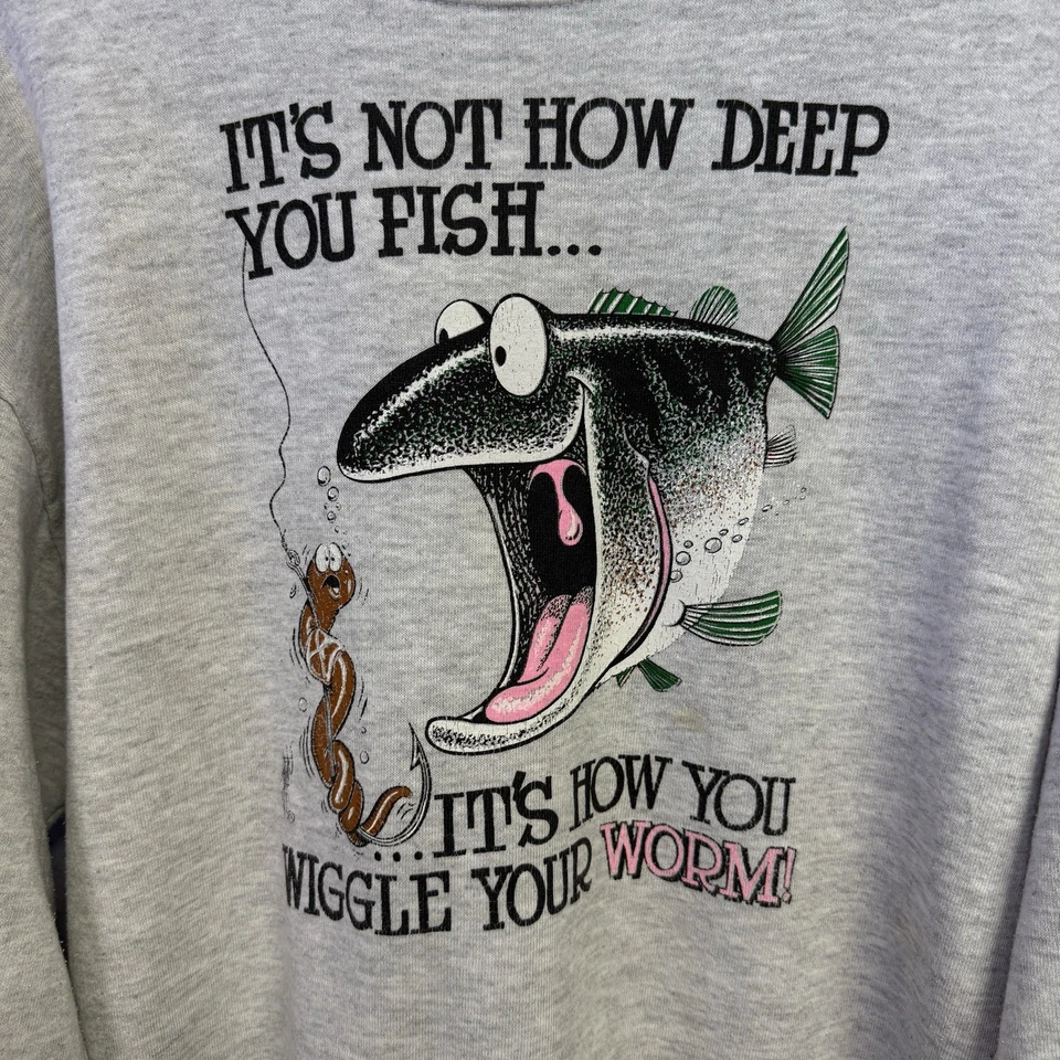 Sudadera De Colección Años 90 Divertida Parodia Pesca Para Hombre Grande Gris Cuello Redondo EE. UU. Foto 3 de 4