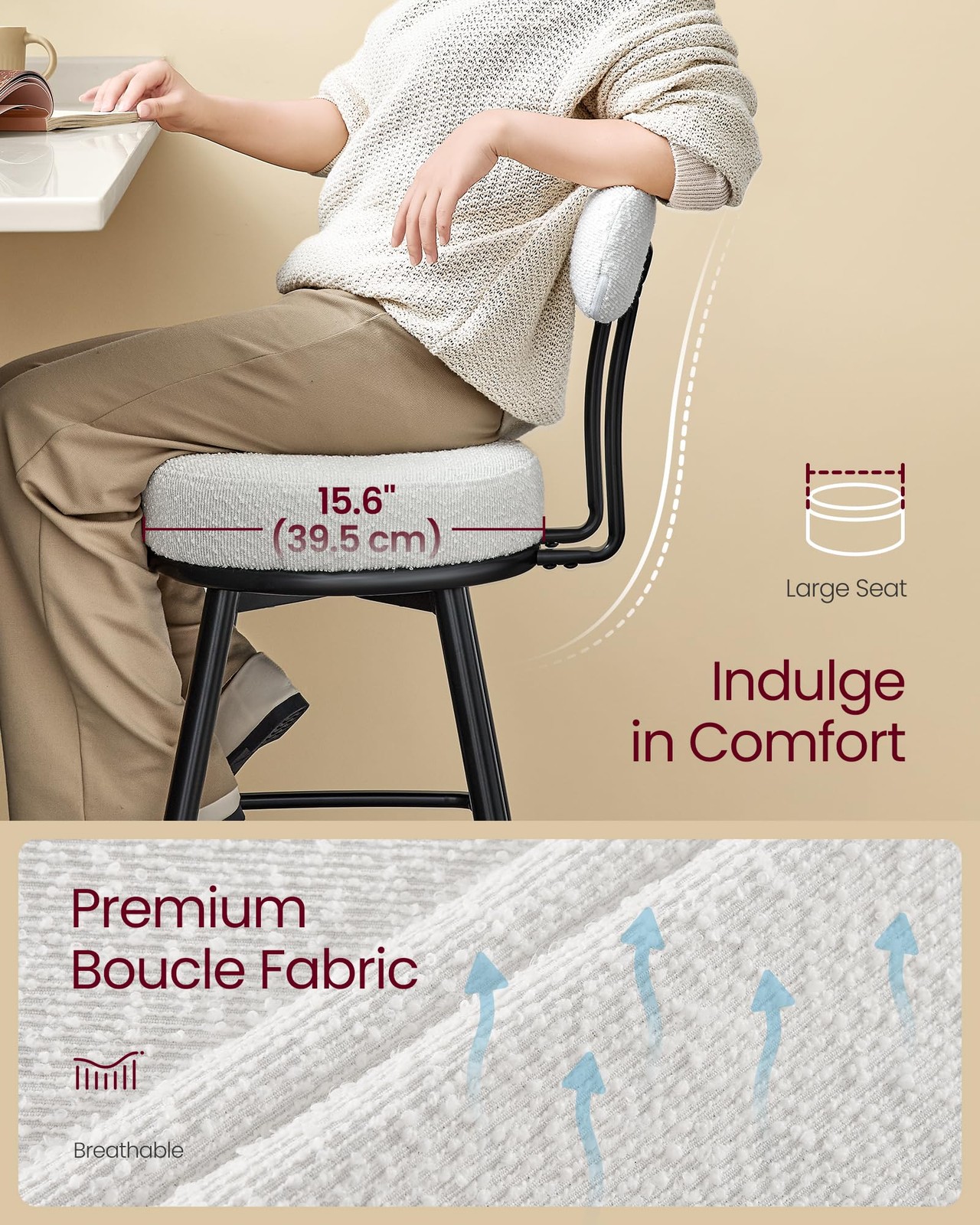 360° Swivel Bar Stools Set of 2, Counter Height Bar Stools with Back, Boucle ...