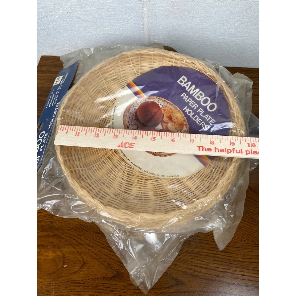 12 Bamboo Paper Plate Holders Wicker Rattan Reusable Barbecue Picnic Party NOS - Image 4 of 4
