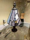 VTG Tiffany Style Stained Glass Mini Lamp 9” Tall Table Lamp Metal Base Purples