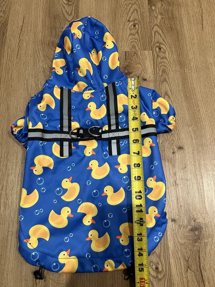 Dog Raincoat Rubber Duck Print Blue Hooded Reflective Harness Size Medium - Image 4 of 4
