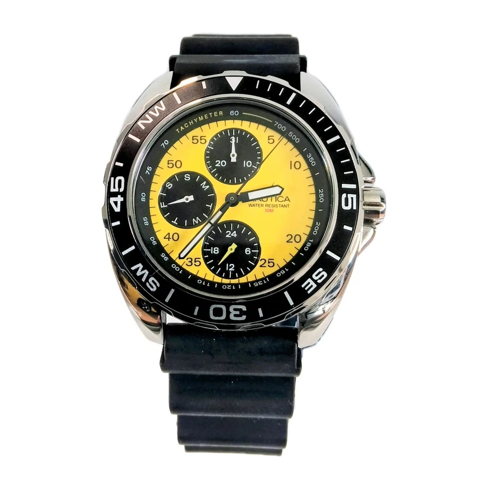 Nautica 39MM  Men's Chrono Watch Black Silicone Strap Yellow Dial NOS - Image 2 of 4