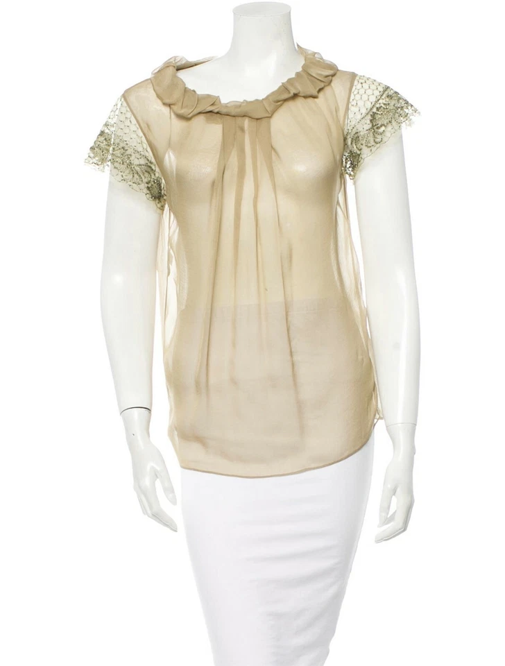 Blusa de encaje adornada con lentejuelas color tostado oliva Alberta Ferretti para mujer talla US 6 Foto 3 de 4