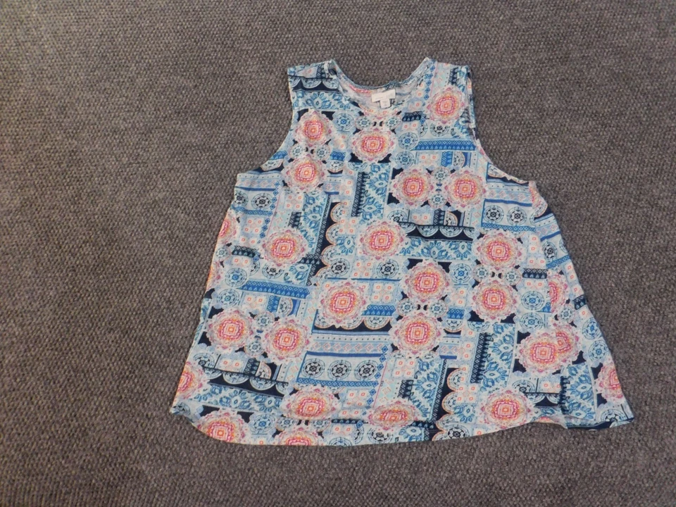 J Jill Top XL Blue linen tall sleeveless womens geometric pullover - Image 2 of 4