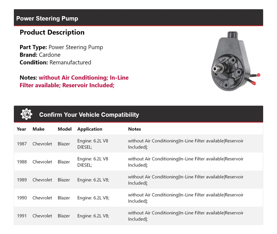 For 1987-1991 Chevrolet Blazer Power Steering Pump Cardone 1988 1989 1990 - Image 2 of 4