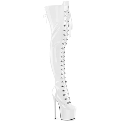 JUBILANT-4012 3012FS Pleaser High Heels Plateauoverkneestiefel weiß Stretch Lack