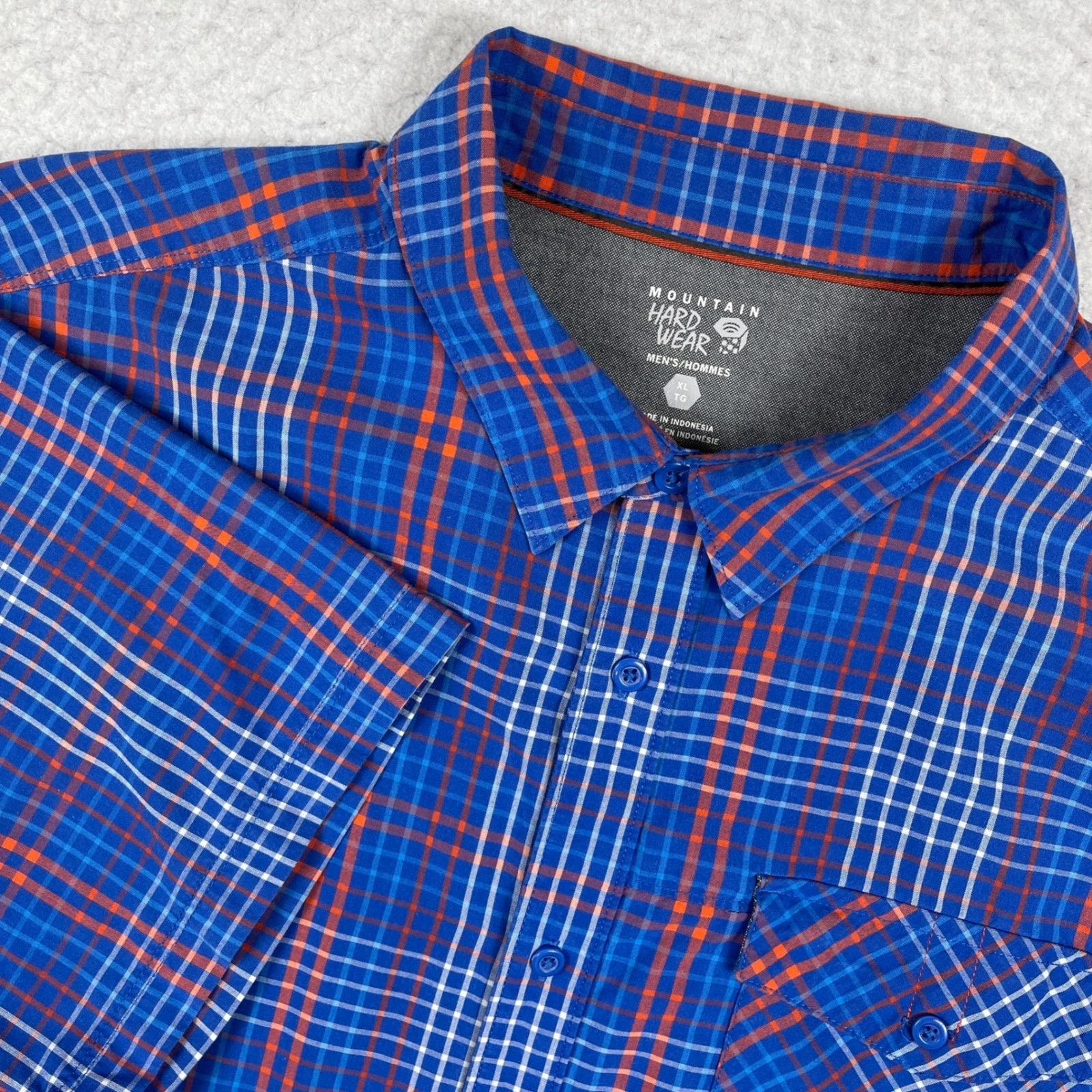 Mountain Hardwear Plaid Button Down Mens XL Blue Orange Short Sleeve Hiking