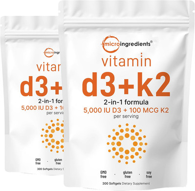 Vitamin D3 5,000 IU + K2 MK-7 100 Mcg, 2 Pack (600 Softgels) | Liquid-Filled ...