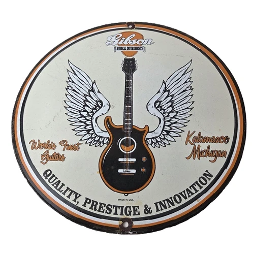 Vintage Gibson Guitars - Acoustic Electric Bass Store Porcelain Gas Station Sign