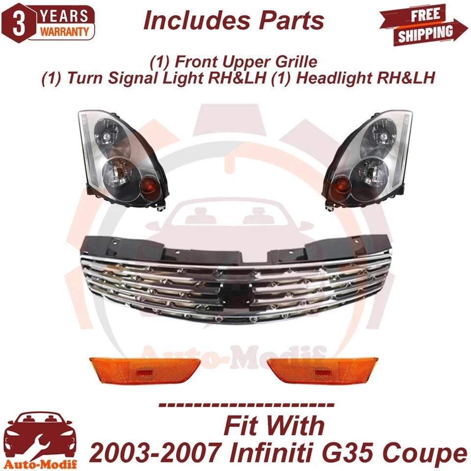 Front Grille Chrome & Head Light Pair For 2003-2005 Infiniti G35 Coupe Foto 2 de 4