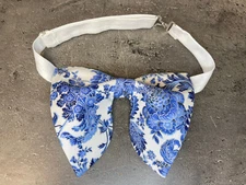 Oversized Blue/White Floral Bow tie Vintage style 70s Wedding Prom Gift for Him