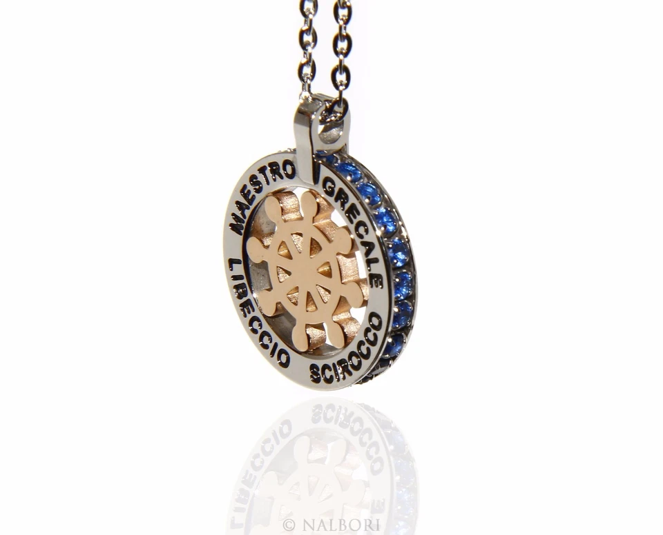 collana acciaio ciondolo nero oro timone ancora rosa dei venti ruota zirconi blu - Immagine 3 di 4