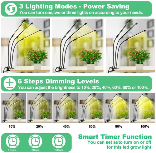 Luces de cultivo YGROW 100W para plantas de interior, cabezal triple 60 LED 6 niveles de atenuación LED G - Imagen 7 de 7