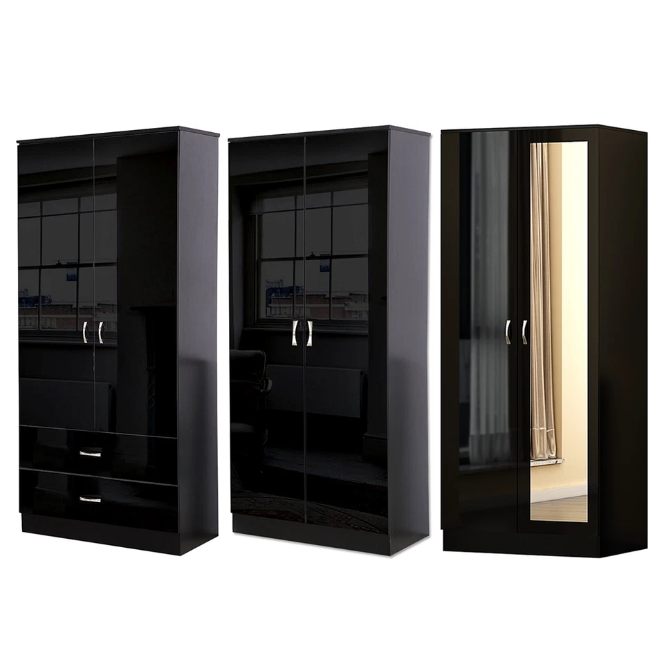 IQGBUK Black Gloss 2 Door and 2 Door Mirrored Wardrobe Soft Close Polished Metal Handle