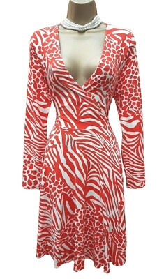 12 UK Karen Millen Ivory Red Jersey Zebra Leopard Print Flare Wrap