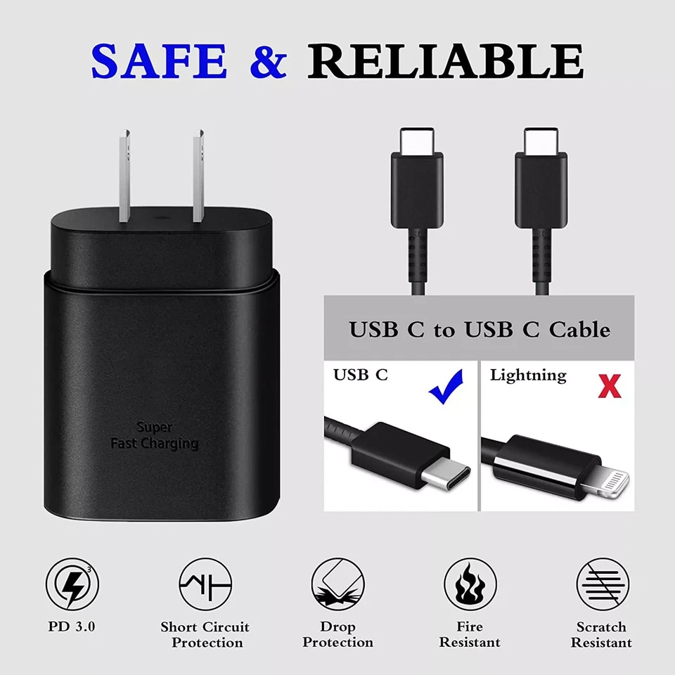 Cargador de pared rápido USB-C tipo 25 W + cable de 6 pies para Samsung Galaxy S20 S21 lote 5G EE. UU. Foto 2 de 4
