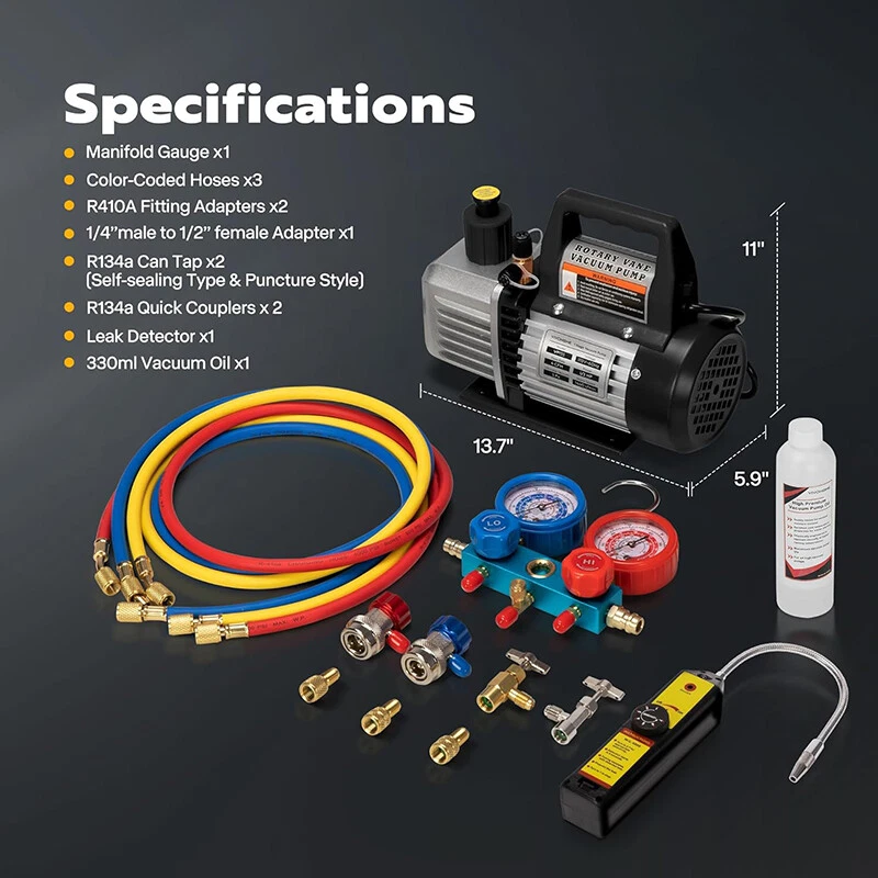 Bomba de vacío 1/3 HP 4 CFM refrigeración HVAC colector de CA medidor para R134a R12 R22 Foto 2 de 4