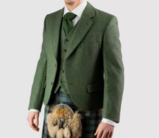 Scottish Men's Lovat Green Wool Argyle Kilt Jacket With Waistcoat Wedding Jacket