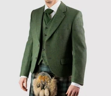 Scottish Men's Lovat Green Wool Argyle Kilt Jacket With Waistcoat Wedding Jacket