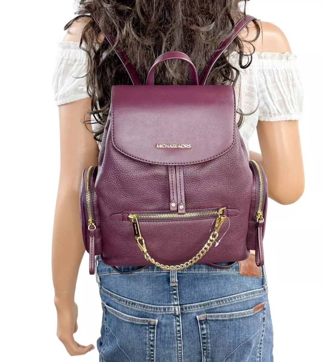 MICHAEL KORS JET SET ITEM MEDIUM CHAIN PEBBLED LEATHER BACKPACK BORDEAUX