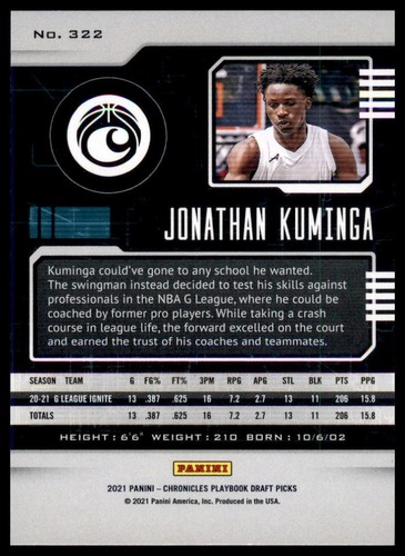 Jonathan Kuminga 2021 Panini Chronicles Draft Picks #322 NBA G League Ignite - Picture 2 of 2