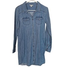 Garnet Hill Womens 8 Blue Medium Wash Denim Long Sleeve Button Front Shirt Dress