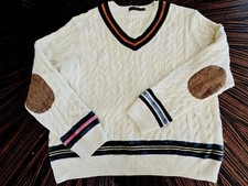Polo Ralph Lauren Cream Multi V-Neck Cable Knit Cricket Tennis Sweater Men XL