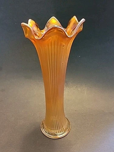 Vintage Fenton Marigold Irredescent 9 Inch Vase With Narrow Lines & Ruffled Rim.