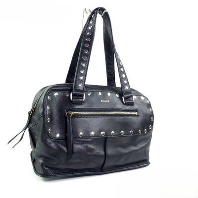 CELINE Studded Bowling Bag Small Boston Hand Shoulder Bag Black Vintage Logo