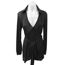 Princess Polly Women's Black Deep V Collared Long Sleeve Belted Mini Dress Sz 0