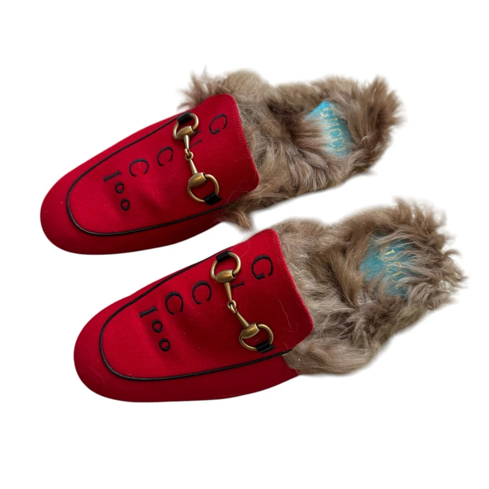 GUCCI Princetwon Horsebit Mule with Fur Gucci 100 Red Size 7 - Image 4 of 4