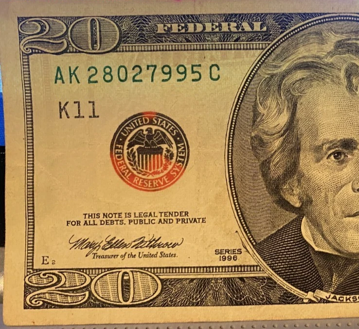 U.S., 1996, $20.00 Currency Note, Color Change Red Seal, circulated - Image 2 of 4