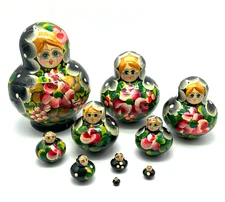 Russian Matryoshka Wooden Nesting Dolls ~ Hand Painted Set of 10 ~ 5.25" Tall