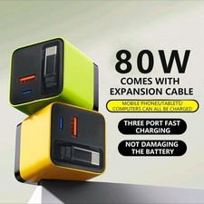 GaN USB Charger Plug UK Fast Type C 80W with Retractable Cable PD iPhone Samsung
