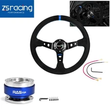 14"Suede Leather Deep Dish 93mm Drifting Racing Steering Wheel+Quick Release Kit