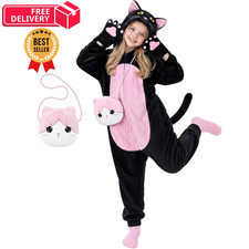 Halloween Black Cat Costume for Girls, Kids Hooded Medium 6-7y , Black-pink