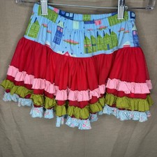 Matilda Jane Girls Red Mesh Tiered Ruffle Skirt House Print Waistband Size 4