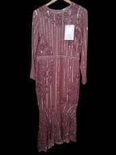 MAC DUGGAL  Jewel Lined Neck Long Sleeve Tea Length Rosewood Floral Beaded Midi