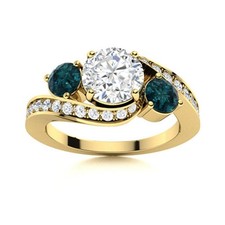 925 Silver Gold Plated Round White Topaz  London Blue Topaz Three Stone Ring
