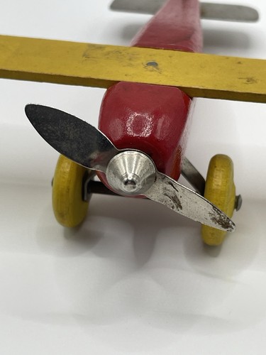 Antique Vintage Wooden Tin Toy Strombecker Round Fuselage Airplane Red & Yellow - Picture 3 of 10