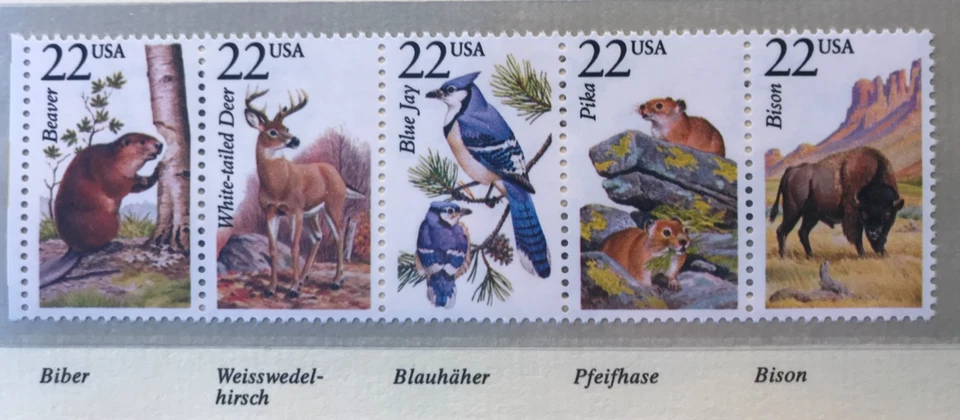USA 1987 5er-Streifen Biber Hirsch Blauhäher Pfeifhase Bison postfrisch - Bild 1 von 1